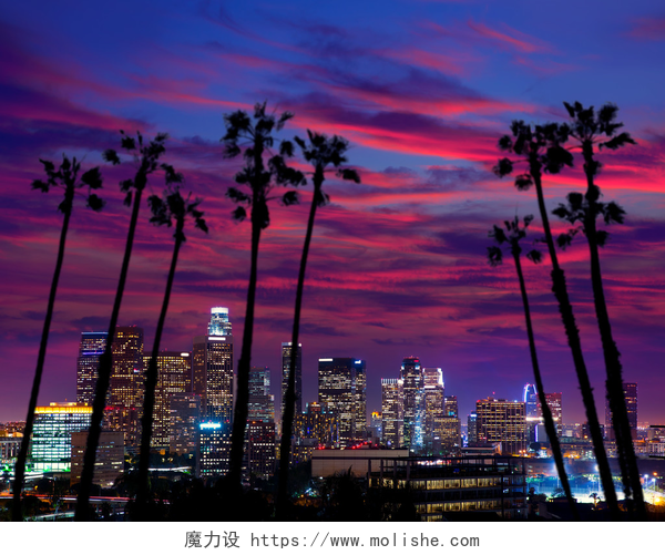 洛杉矶日落多彩的天际线加州洛杉矶市中心晚洛杉矶日落天际线加州